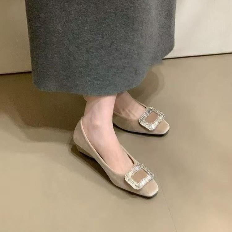 Square buckle rhinestone thick heel one pedal single shoes women's spring and autumn new commuter suede square head high heel women's shoes