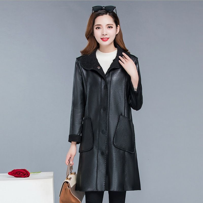 Outerwear Mid Length Leather Jacket, Plus Size Casual Button Style, Fur Integrated Mid Length Women's Jacket