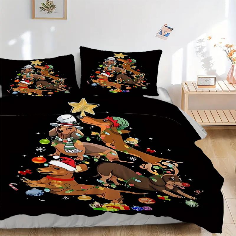 3pcs Christmas Tree Dachshund Dog Holiday Comforter Set with 1 Quilt Cover and 2 Pillowcases (No Core), Bedroom and Guest Room