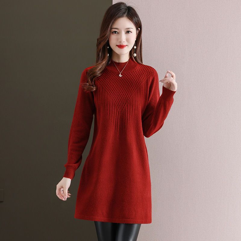 Turtleneck Knitted Dress for Women Loose Mid-length Sweater Dress Solid-color Casual Pullover Autumn and Winter