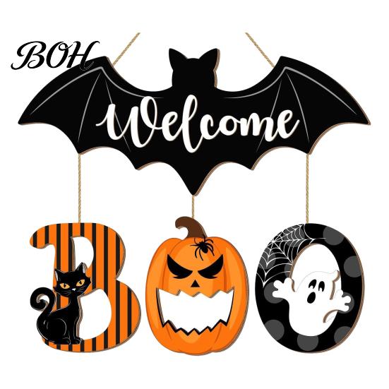 Natural Texture Holiday Sign Halloween BOO Door Sign, Wooden Ghost Evil Pumpkin Black Cat Hanging Welcome Festive for Spooky Bat Hanger Front
