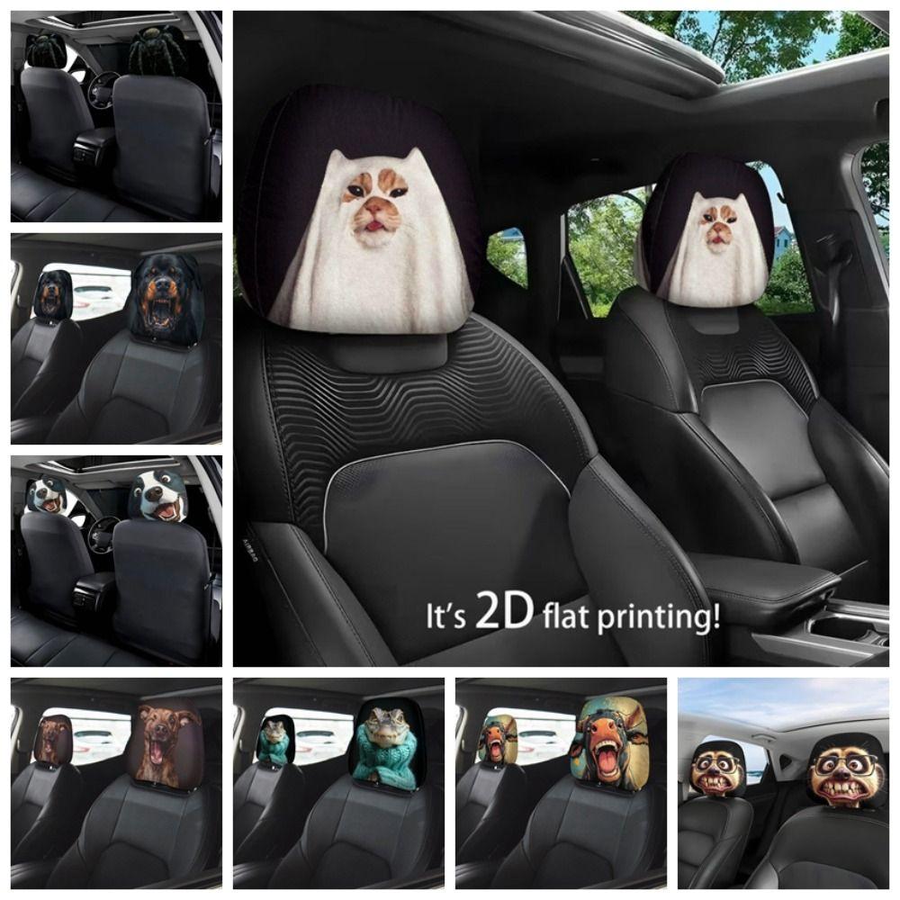 1pair Elastic Fabric Animal Car Pillowcase Universal Fit Flat Print Headrest  Holiday Decor
