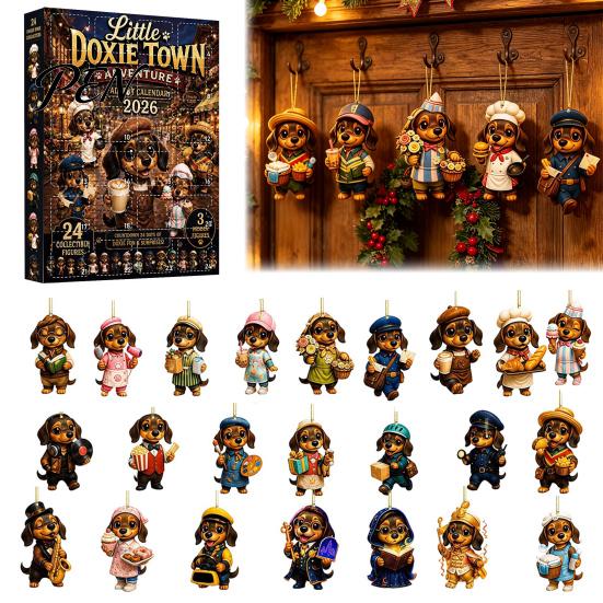Christmas Tree Hanging Ornaments 2026 Dachshund Advent Calendar, 24 Day Countdown Box with 2D Cute Acrylic Pendant Decorations Ornaments, Festive