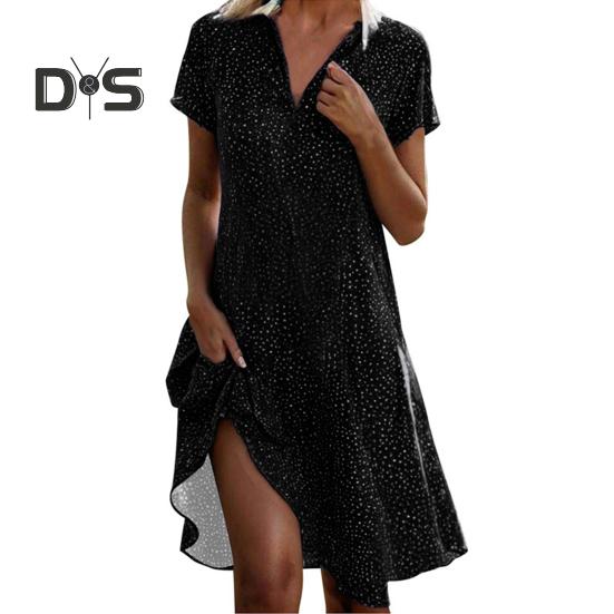 Summer Dress Dot Printing Short Sleeves Loose A-line Shirt Dress V Neck Knee Length Midi Dress for Dating Travel Vacation