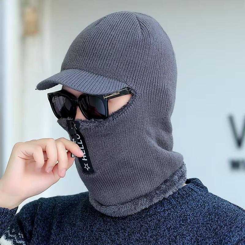 Thicken Warm Visor Beanies Hats For Men Ear Face Mask Neckwarmer Cap Men's Winter Plush Balaclava Lined Knitted Hat With Zipper