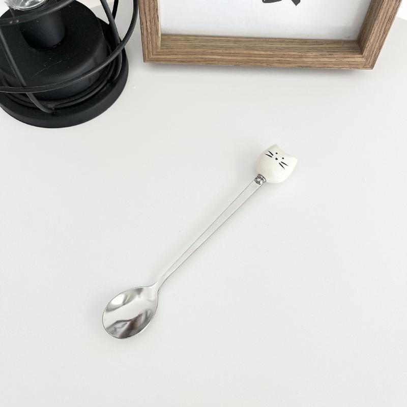 Cartoon Ceramic Spoon Ceramic Black And White Cat Spoon Ice Cream Spoon Stainless Steel Coffee Spoon