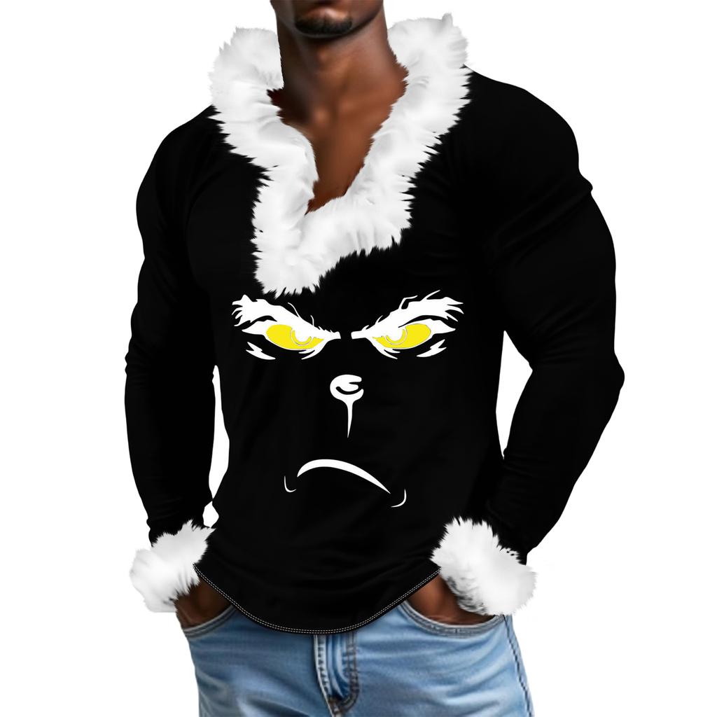 Herren Lässiges Cartoon Bedrucktes Plüsch V-Ausschnitt Mit Fleece Langärmliges Sweatshirt