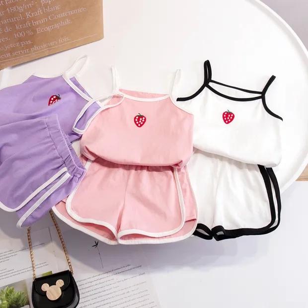 Costum cu bretele de vară pentru fete Pantaloni scurți cu mânecă scurtă Vestă subțire pentru copii Îmbrăcăminte pentru copii Comerț cu ridicata în două piese Set de pantaloni scurți cu bretele