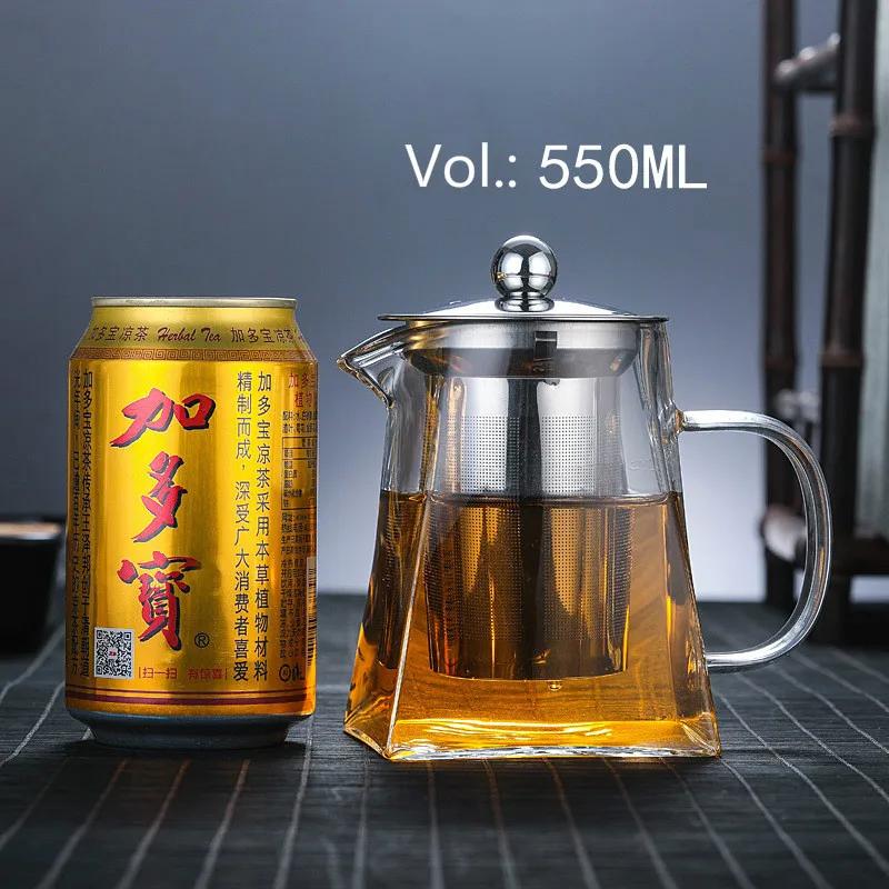 Heat-Resistant Glass Teapot, with Stainless Steel Filter Baskets, Clear Kettle, Brewing Tea Pot, Heatable Pitcher, Jug, Square