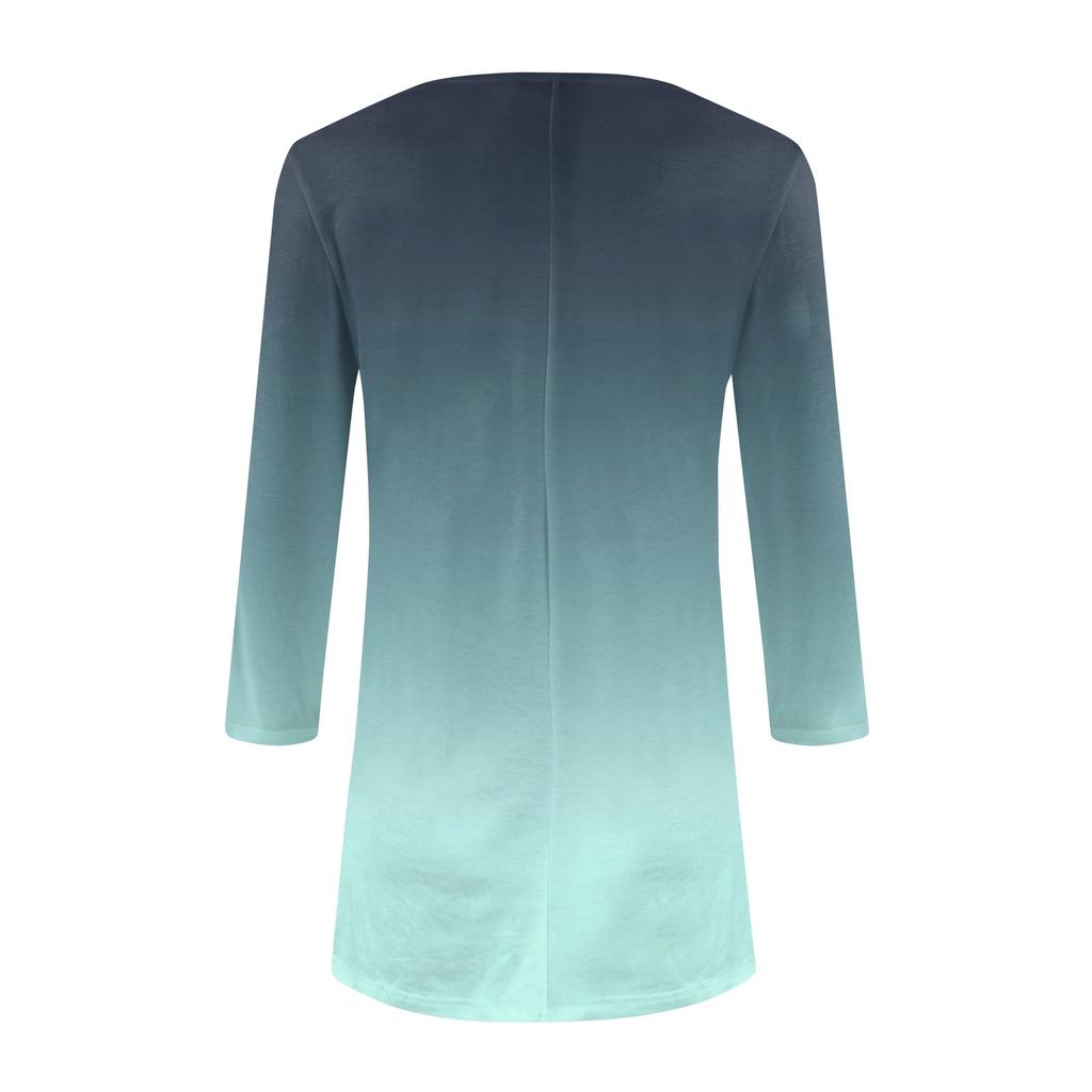 Women's Fashion Casual Crew-neck Gradual Print Seven-point Sleeve Shirt Belted Loose Comfortable Top