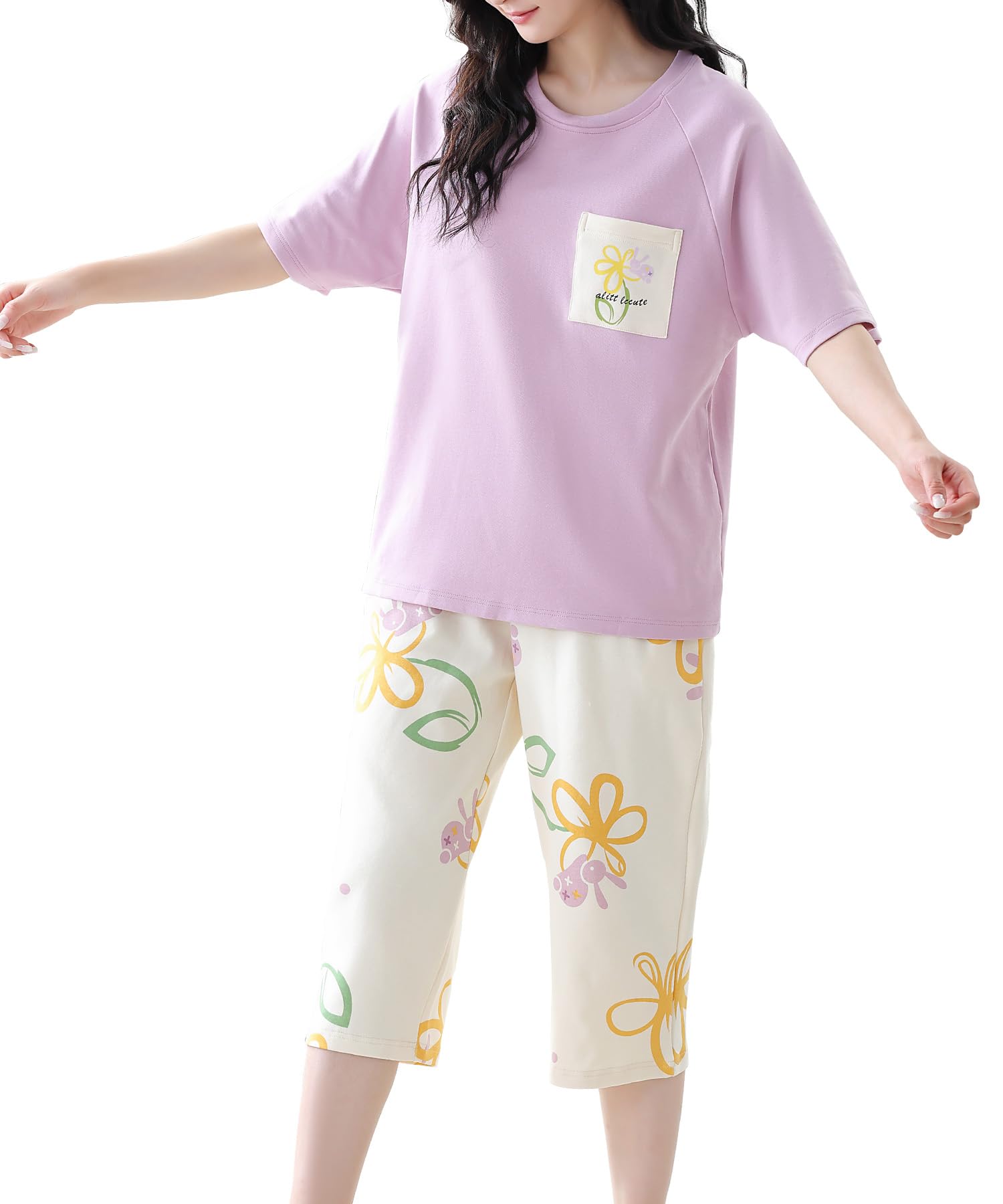 

PHOLEEY Summer Short Sleeve Loungewear with a Round Cute and Length Loose and Gentle on the Skin Women s Pajamas, 100% Cotton, 2-Piece Set, Neck,