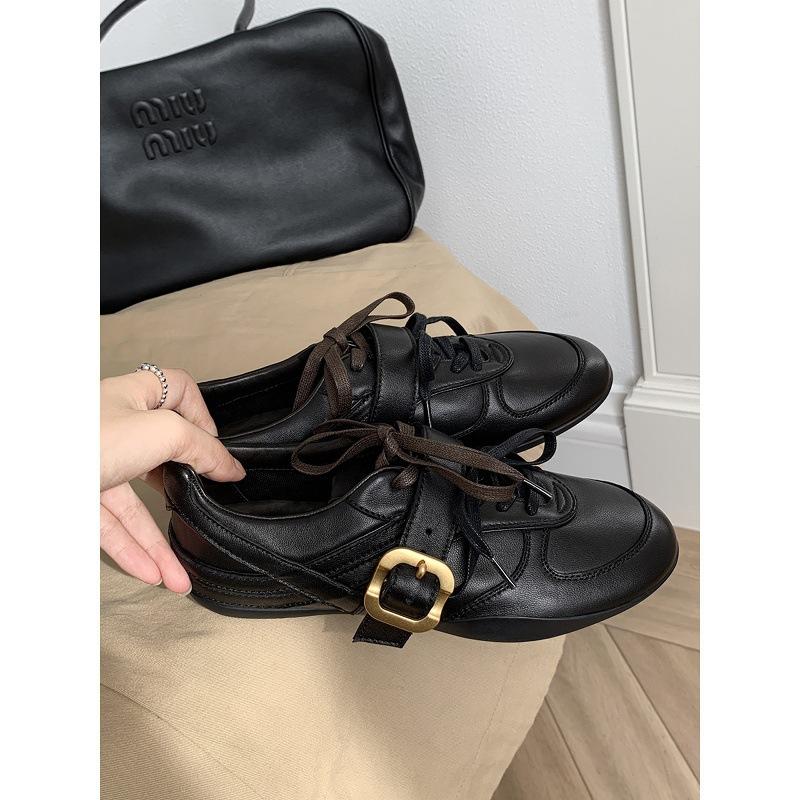 Cowhide Version~ Niche Retro Belt Buckle Leather Training Shoes Women's Versatile Flat Baseplate Shoes Lace-up Casual Sports Shoes