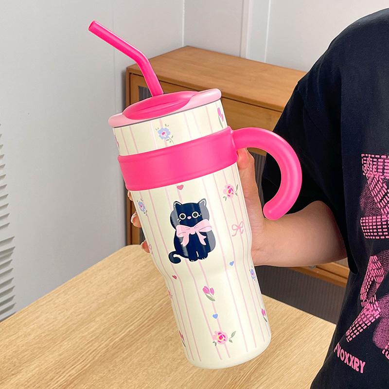 700ML/1.2L Tumbler med Håndtak Lokk Sugerør Søt Katt termokopp Rustfritt Stål Vannflaske Utendørs Reise Bil Kaffekopp Gave