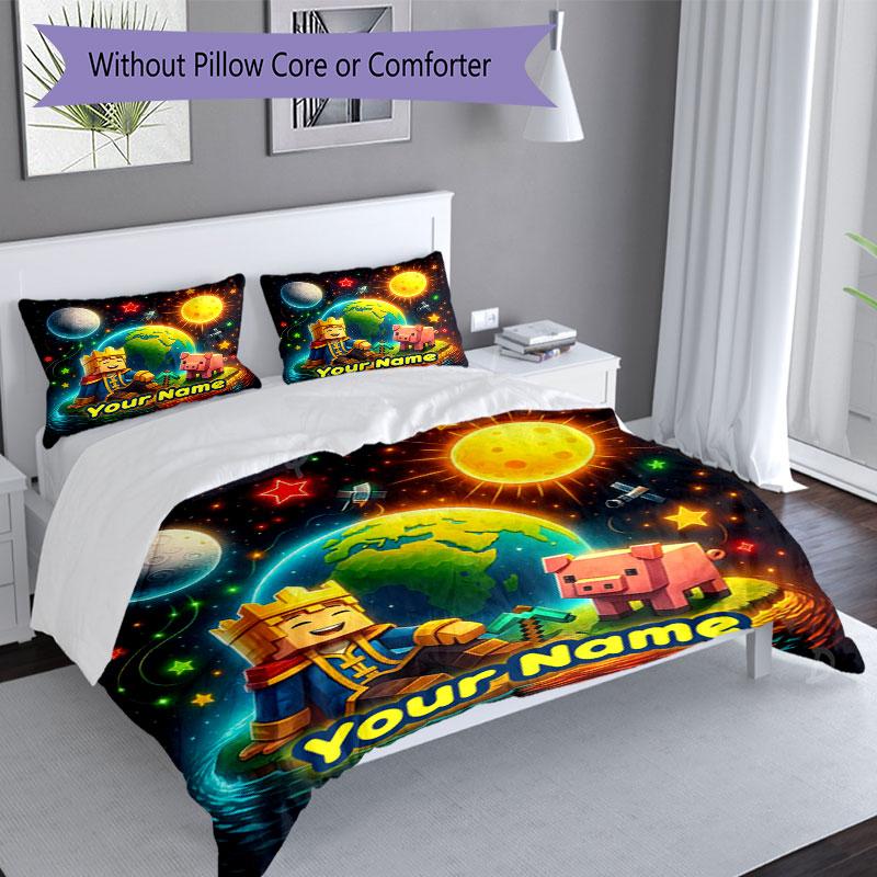 3PC Custom Name "Space Adventure Friends" Bedding Set Printed Bedding Set Duvet Cover Closure Includes 1 Duvet Cover & 288 Pillowcases for Bedroom