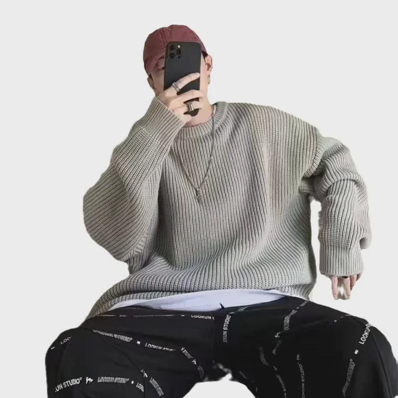 Pánský svetr volného střihu v korejském stylu: Ležérní retro trend, kulatý výstřih, jednobarevný, pletený top na podzim/zimu.