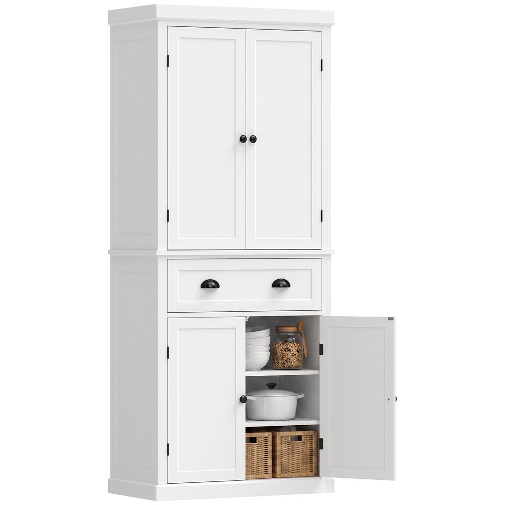 Tall Kitchen Cupboard, 183 Cm Freestanding Storage Cabinet with Drawer, 4 Doors and Adjustable Shelves, White