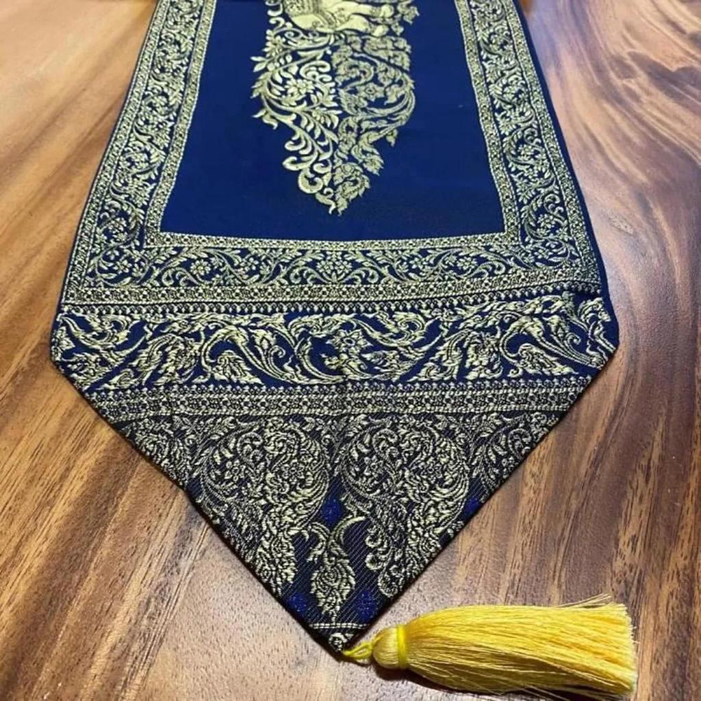 Blue Table Runner with Golden Pompoms 23x200cm - Handmade with Artificial Thai Silk