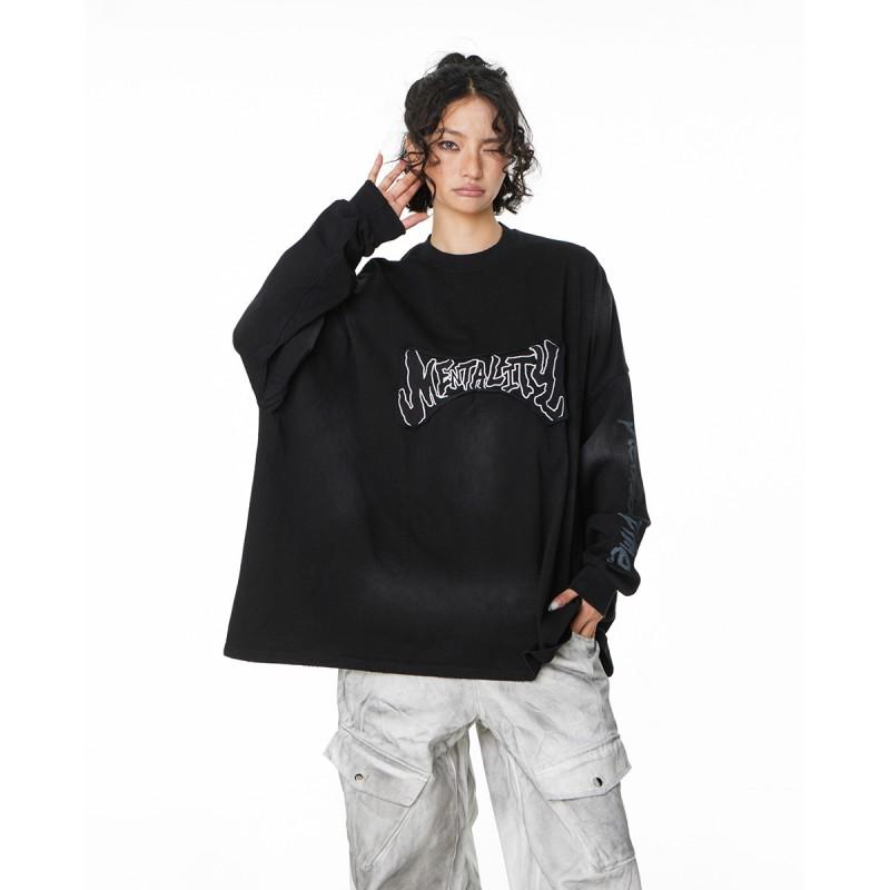 American Vintage Distressed Long Sleeve Sweatshirt Loose Fit Embroidered Patch Teenagers