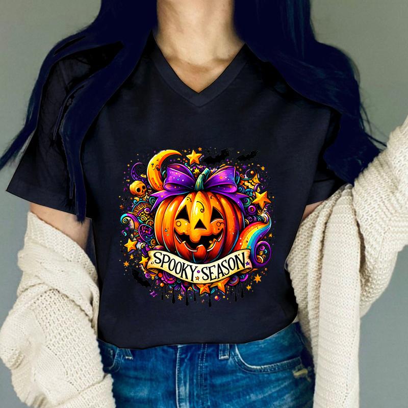 Women Tshirts Pumpkin Halloween Spooky Season Graphic T Shirts Women Colorful Halloween Design Horror Pumpkin Skeleton Tshirt