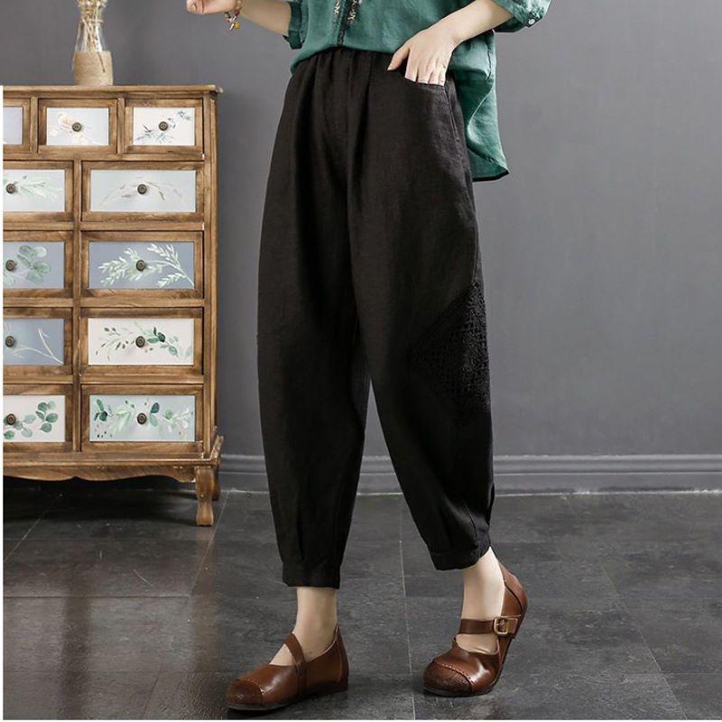 Women's Summer Cotton and Linen Nine-minute Trousers High-waisted Loose Slightly Elastic Leisure Trousers