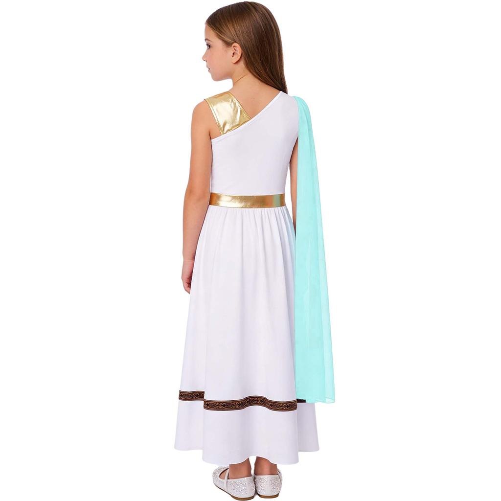 Vestido sem mangas de retalhos metálicos para meninas Fantasia de Deus Grego Romano Manto Xale Roupa de Palco
