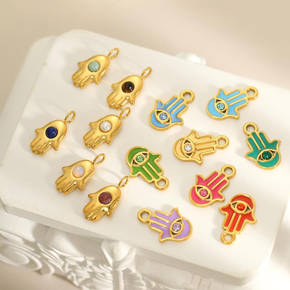 CARLIDANA Pink Blue Enamel Hamsa Hand Charms Gold Plated Charms Religious Muslim Islamic Hand of Fatima Charms DIY Jewelry