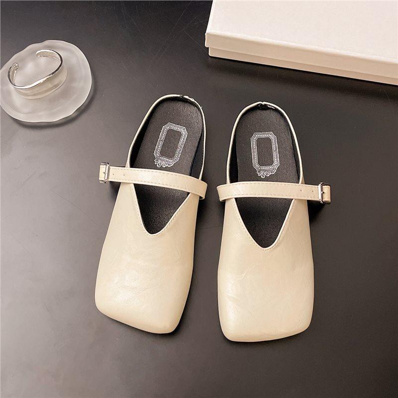2025 Spring New Fashion Korean Version of Simple Belt Buckle Square Head Bag Head Half Drag Without Heel Lazy Slippers Women