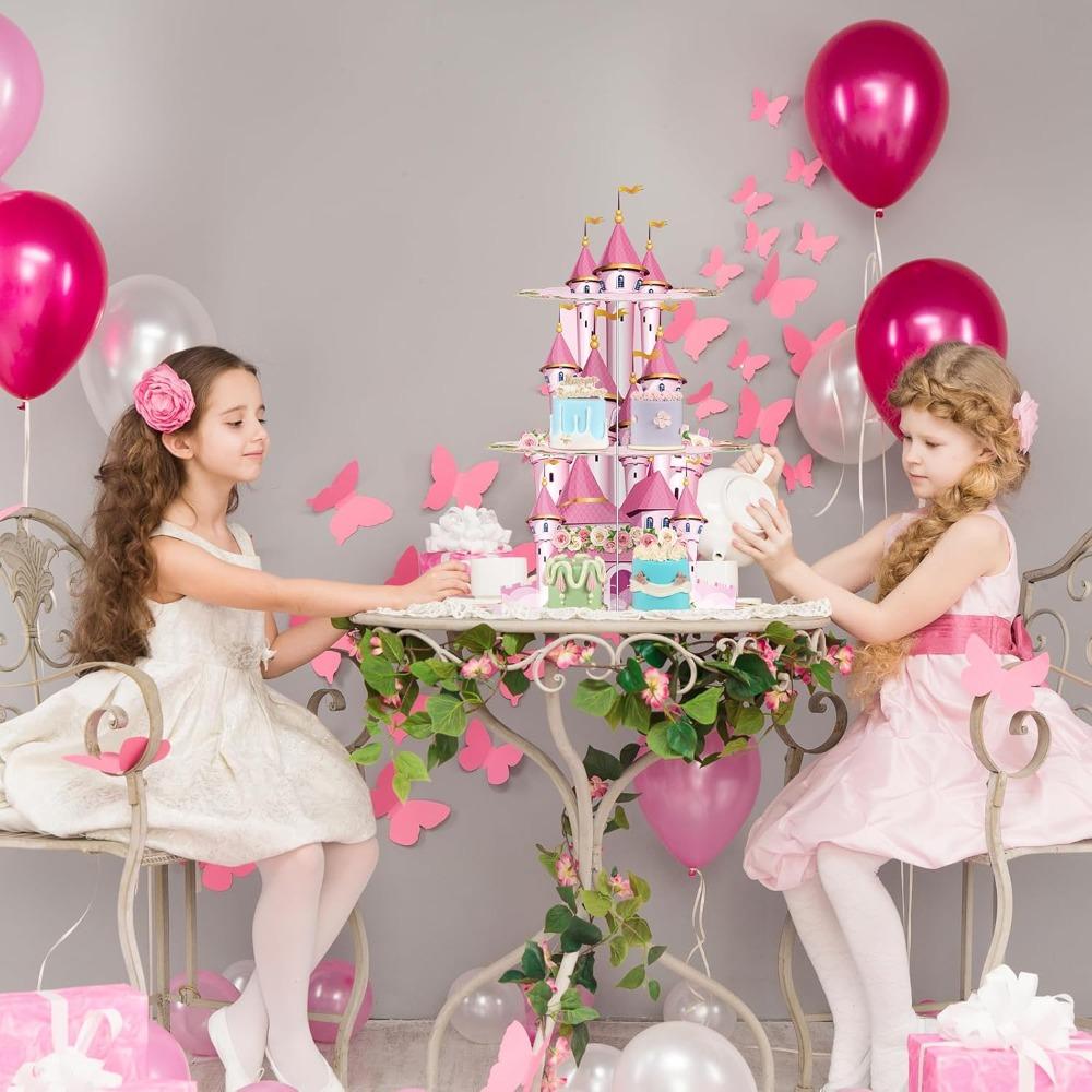 3 Tier Princess Birthday Cupcake Stand Party Decorations Floral Princess Cupcake Holder Pink Castle Crown Carriage Dessert Tower