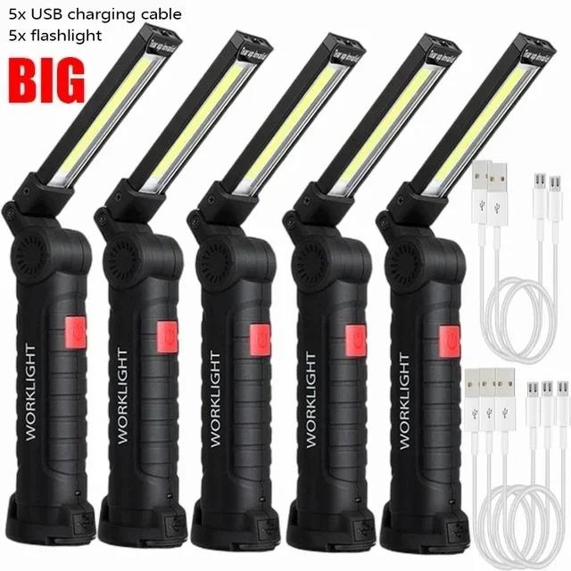 1/2/3/5Pcs Magnetic COB LED Flashlight Portable USB Rechargeable Work Light Hanging Lamp with Built-in Battery Camping Torch