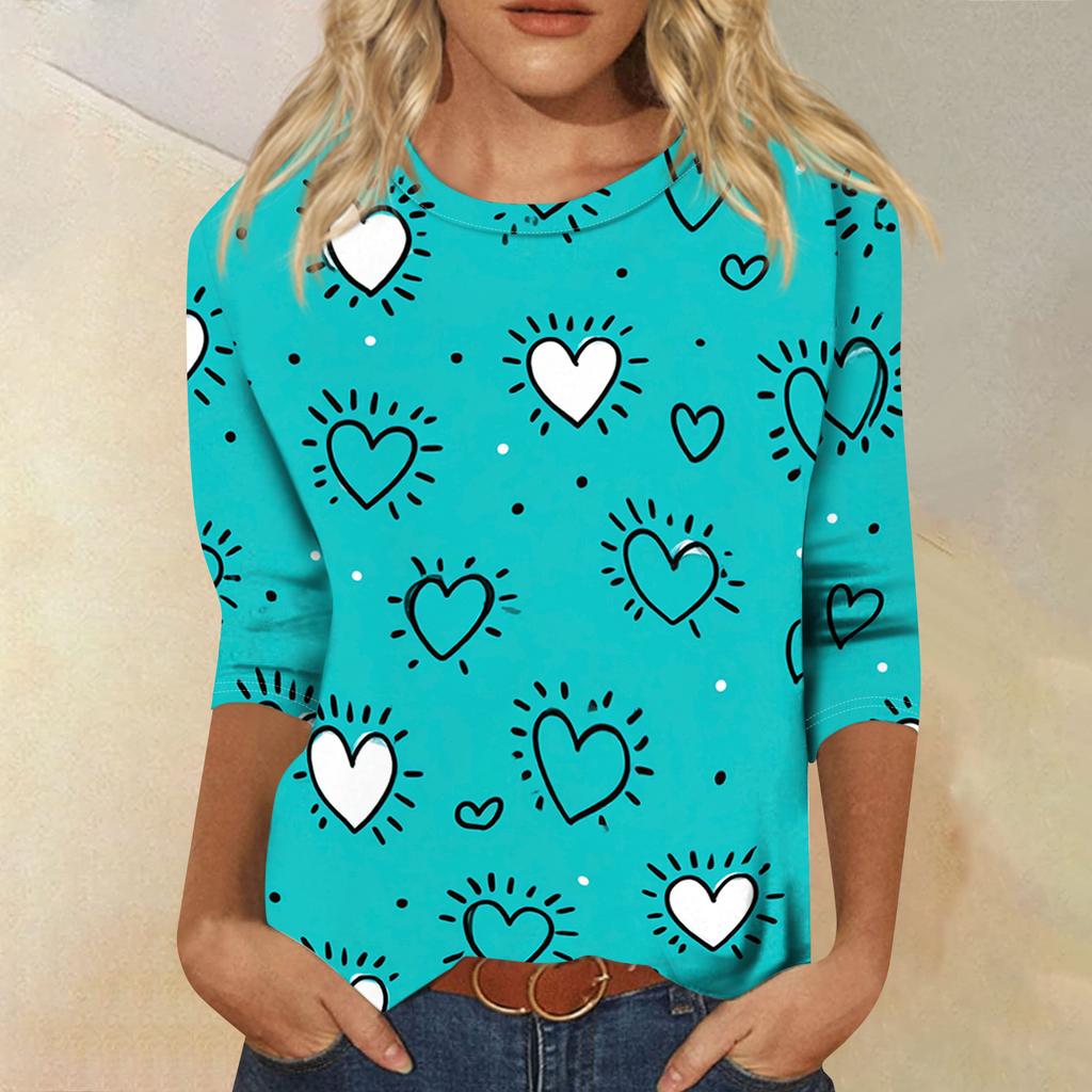 Women's Fashionable Casual Three-quarter Sleeve Valentine's Day Printed Round Neck Top