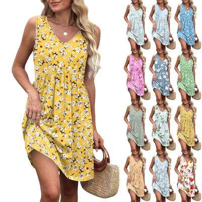 Women's Summer V-neck Casual Beach Vacation Style Vintage Floral Print Sleeveless Splicing Dresses
