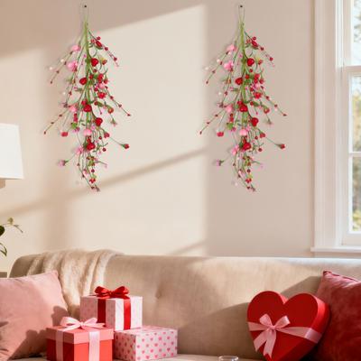 Valentines Day Heart Teardrop Swag for Front Door Artificial Red Pink Heart Shaped Berries Swag Wreath for Wedding Christmas Party Garden Patio
