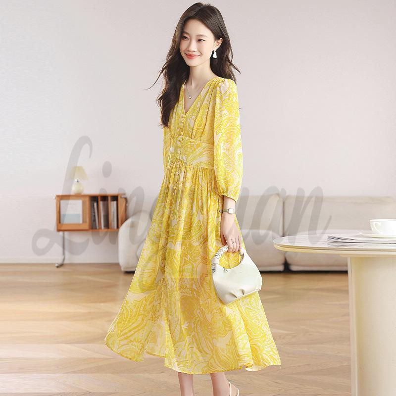 

V-Neck Yellow Floral Tencel Chiffon Dress for Beach Vacation 2X Large жёлтый