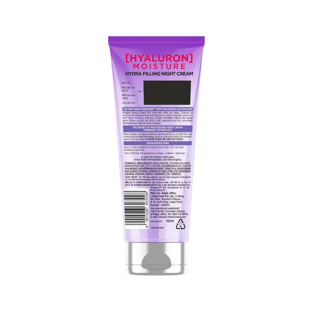 L'Oreal Paris Filling Night Cream, Leave In Hair Cream with Hyaluronic Acid, For Dry & Dehydrated Hair, Hyaluron Moisture 72H Hydra, 180ml