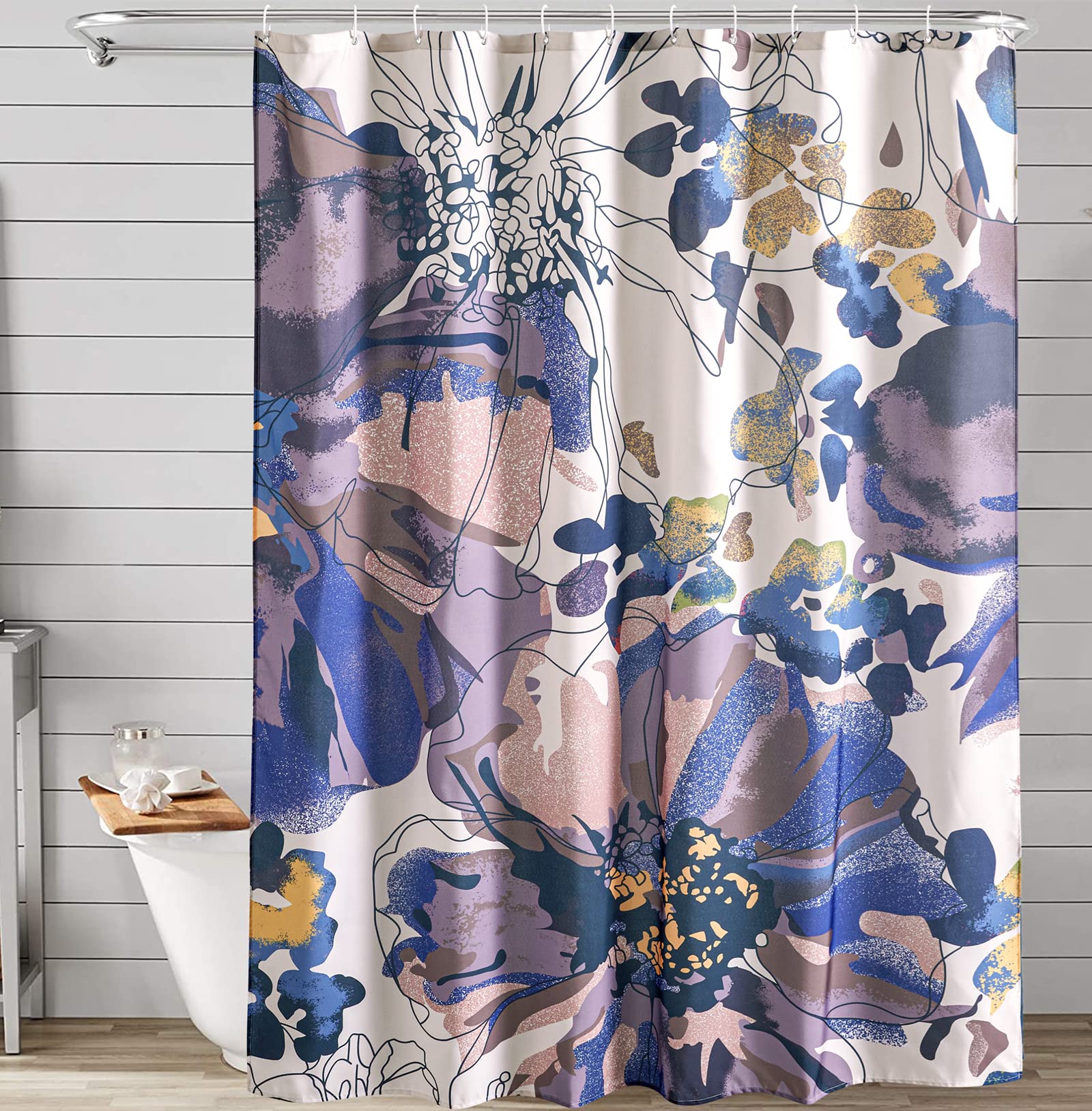 

Boho Floral Shower Curtain, Modern Vintage Abstract Art Flowers Leaves Fabric Bathroom Curtain With Hooks Bath Screen W60H190(CM)-1 Pcs