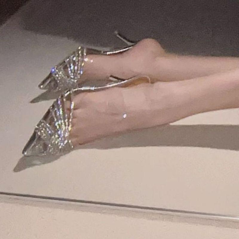 Really Excellent~ Good Temperament! Spring 2025 New Pointed Rhinestone Temperament Thin Heel Sexy Cool Slippers
