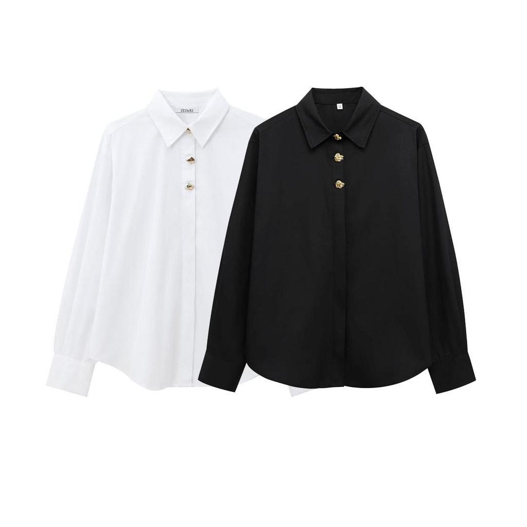 2024 Women's Winter Fashion Poplin Shirt with Gold Button Details
