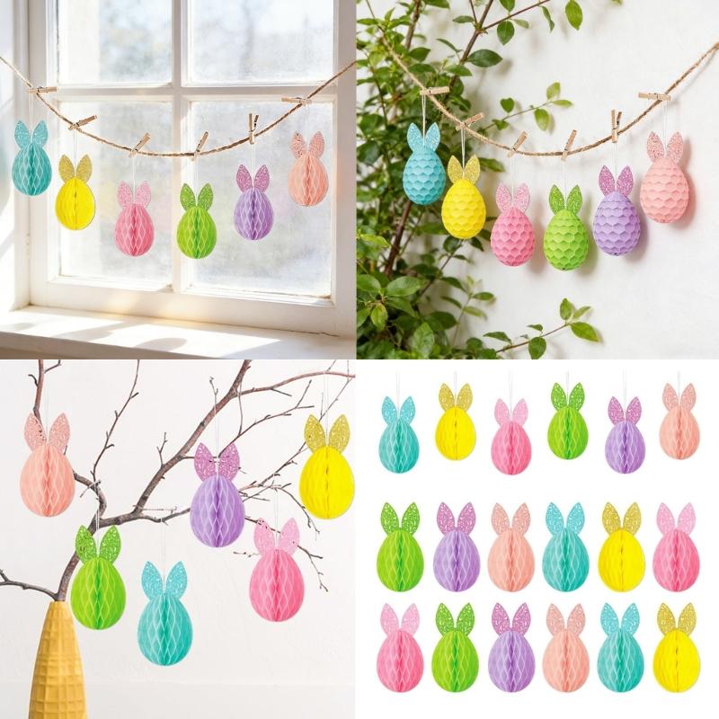 6Pcs Easter Party Decorations Rabbit Eggs Hanging Ornament With Strings For Wall Home Classroom Activities