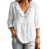 Solid Color Ruffled Long Sleeve V Neck Casual Womens Blouse