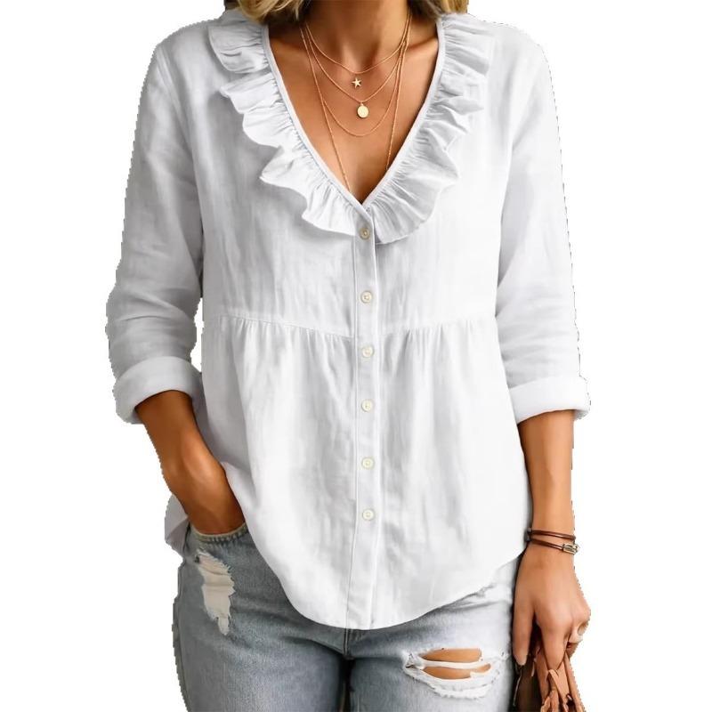 Solid Color Ruffled Long Sleeve V Neck Casual Womens Blouse