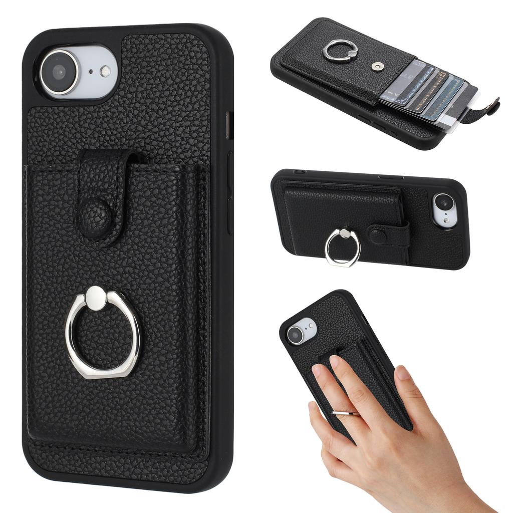 For iPhone 16e Case with Ring Kickstand Drawing Type Card Slots Leather Back Cover
