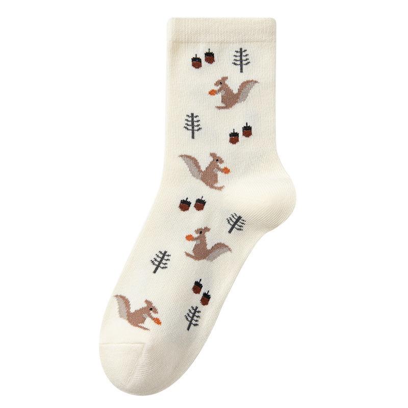 3 Pairs of Autumn and Winter Cartoon Teddy Bear Girls' Mid-calf Socks, Cute Cotton Socks with Check Patterns, Casual Socks
