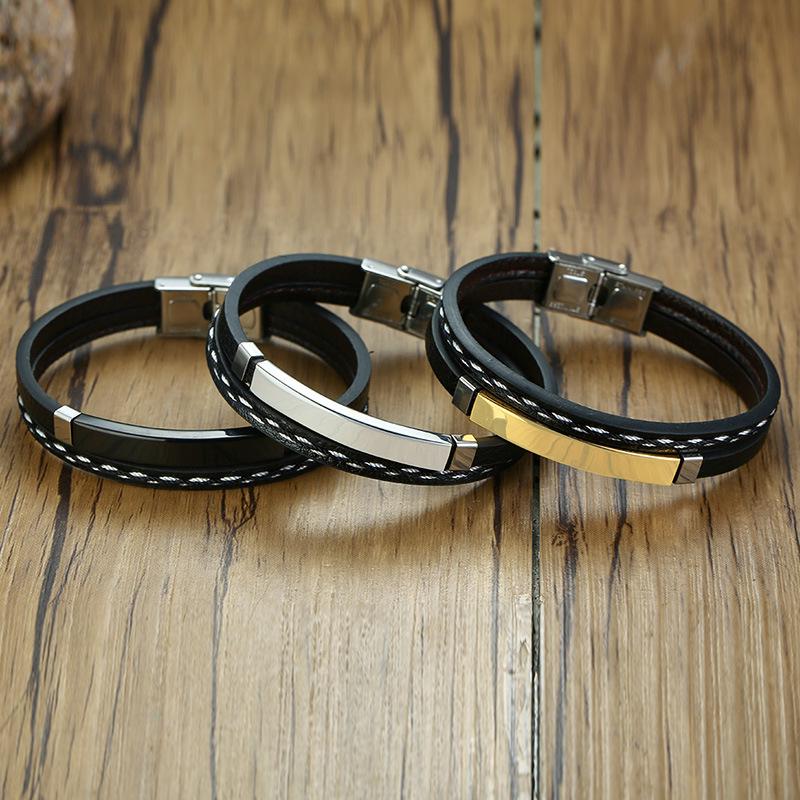 Men's Black Stainless Steel & Braided PU Leather Bracelet - European & American Style, Curved Design, BL-474