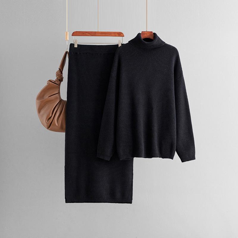 Pullover sweater two-piece set women's autumn and winter new solid color split knitted skirt set