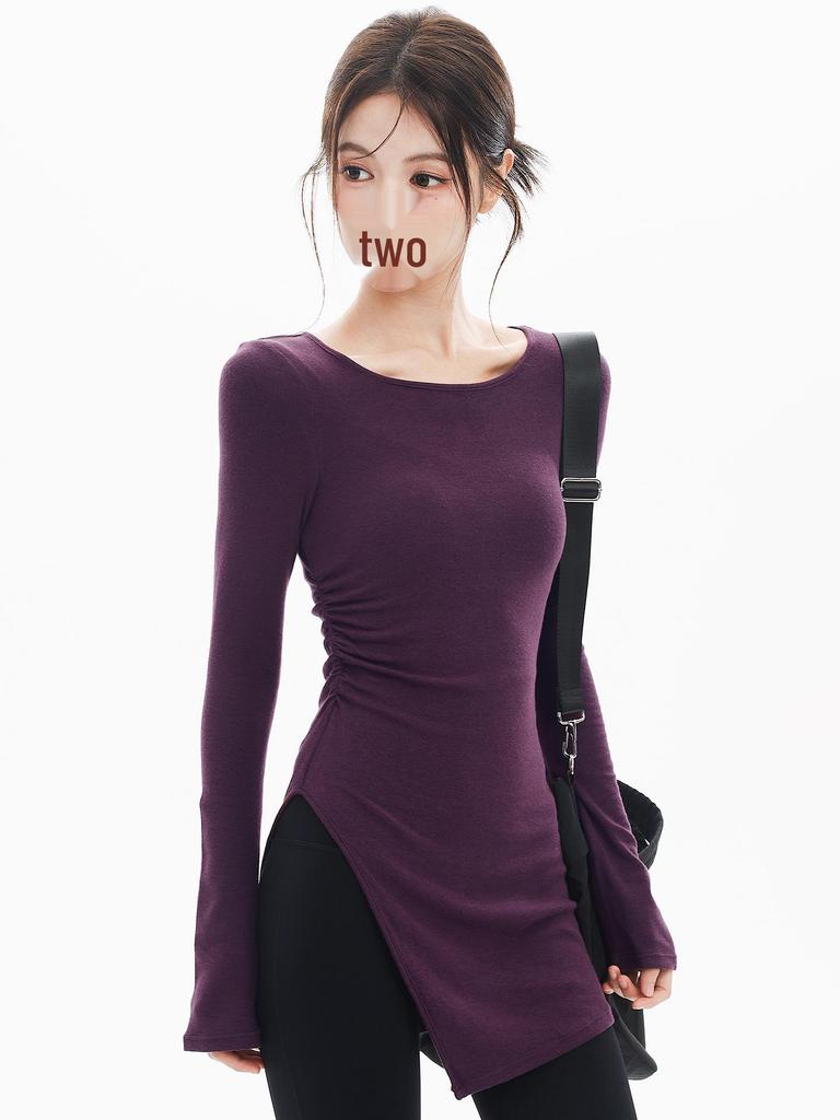 Run Kaka Purple Mid-Length Slit Long Sleeve Yoga Top