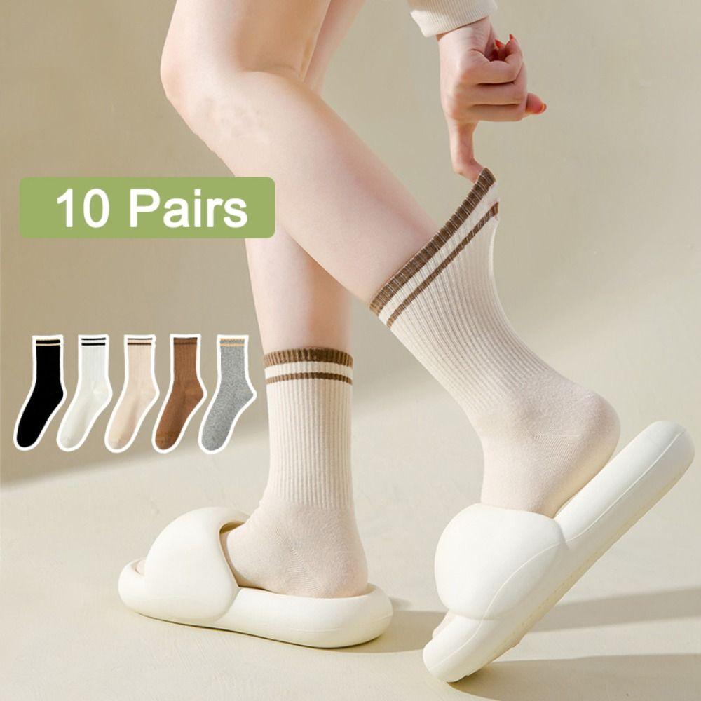 10Pairs Simple Mid-calf Socks Patchwork Women Tube Socks Ins Stripe Socks  Girl