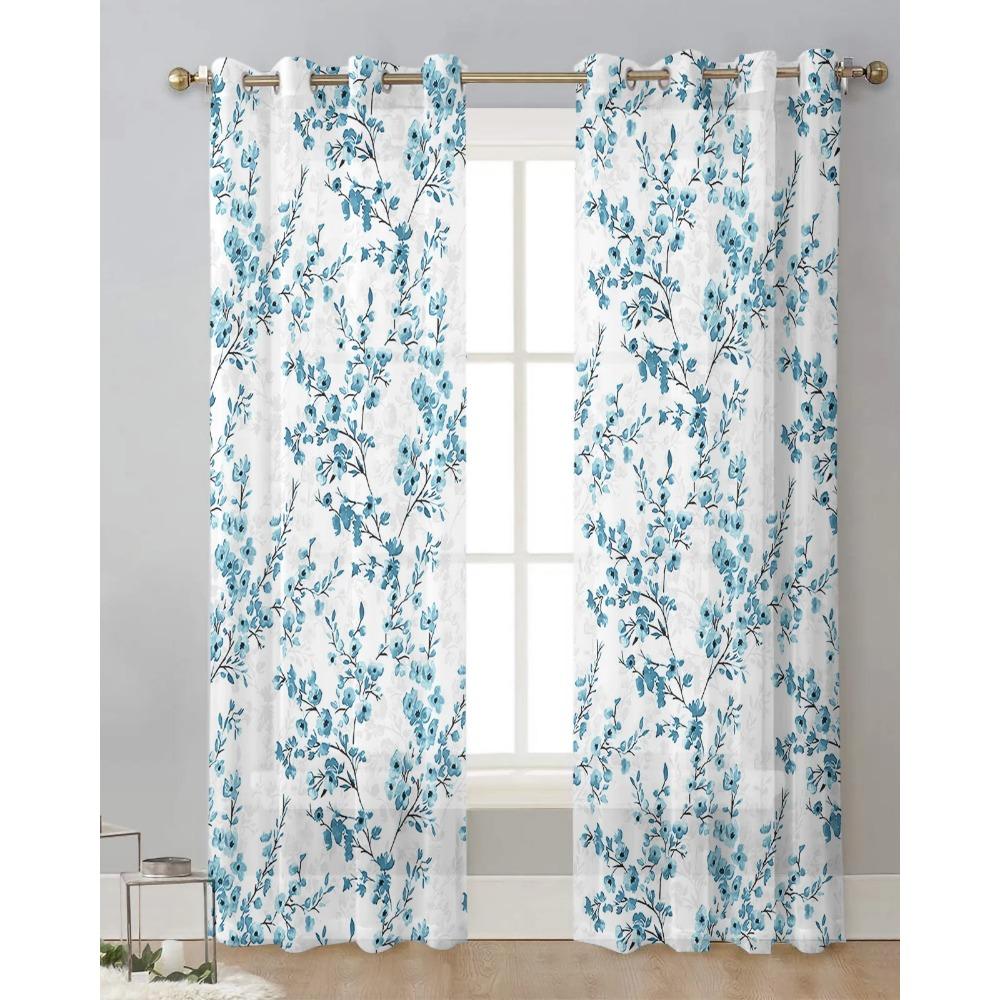 Blue Floral Leaves Transparent Drapes for Living Room Decoration Window Panel Curtains for Cooking Area Fine Netting Voile Organza Drapes
