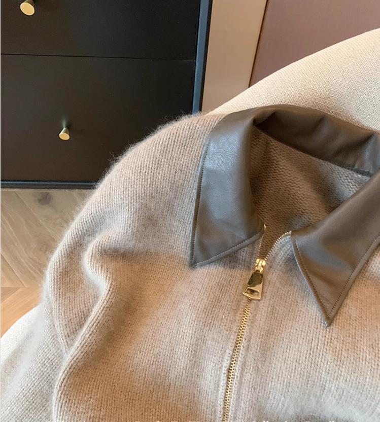 Evropský kožený svetr na zip s polo límečkem 2023: Podzimní/zimní pletený kardigan pro ženy