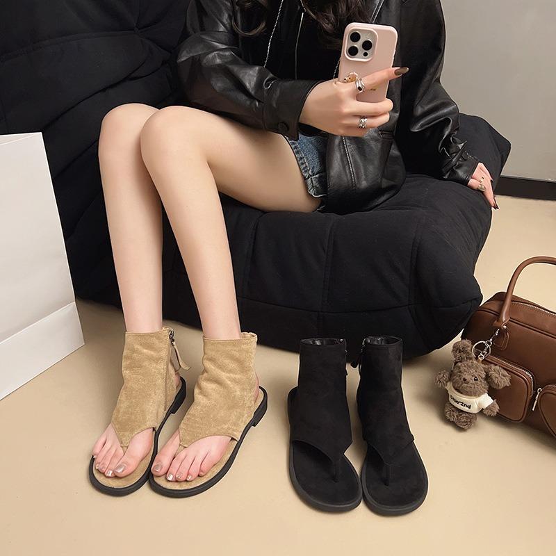 Versatile Thin Spring and Autumn Thin Toe Round Head Sandals Women's Versatile Low Heel Short Cool Boots Fashionable Single Shoes Women