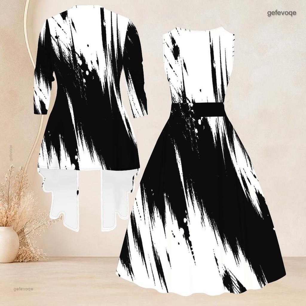 Women Plus Size Two Piece Set Black White Printed Long Sleeve Cardigan Sleeveless Round Neck Tie Waist Flared Dress